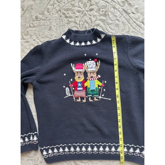 Vintage Women's Holiday Sweater Reindeer 100% Cotton Navy Blue – Size Small - Picture 5 of 6